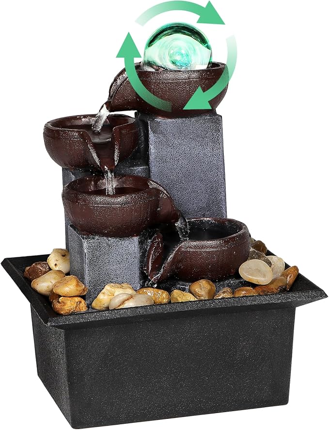 Tabletop Water Fountain-Indoor Waterfall-Desktop Fountain-Spinning Crystal Ball Lighting LED Colors from-Waterfall-Indoor Water Fountains with Natural River Rocks for Feng Shui Effect