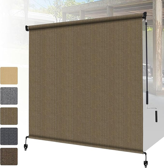 Shade&Beyond Outdoor Roller Shades with Splicing Design, 5' W x 8' H Cordless Patio Roll Up Blinds, Exterior Shade Cloth Roll for Porch, Gazebo, Pergola, Balcony, Coffee Brown