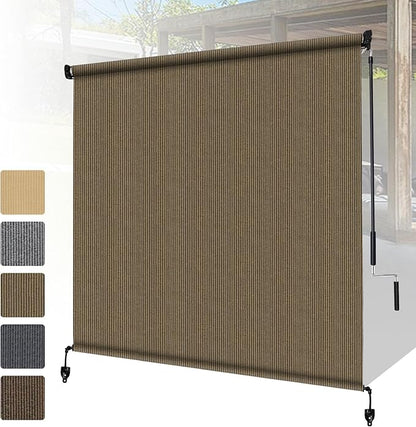 Shade&Beyond Outdoor Roller Shades with Splicing Design, 8' W x 8' H Cordless Patio Roll Up Blinds, Exterior Shade Cloth Roll for Porch, Gazebo, Pergola, Balcony, Coffee Brown
