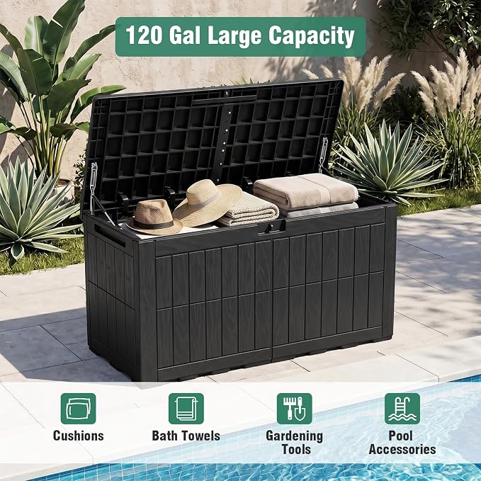 Tangkula 120 Gallon Outdoor Storage Box, Waterproof PP Resin Patio Storage Box with Lockable Lid for Indoor & Outdoor Use, 2-in-1 Rattan Design Deck Box for Cushions, Garden Tools