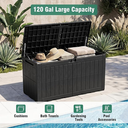 Tangkula 120 Gallon Outdoor Storage Box, Waterproof PP Resin Patio Storage Box with Lockable Lid for Indoor & Outdoor Use, 2-in-1 Rattan Design Deck Box for Cushions, Garden Tools