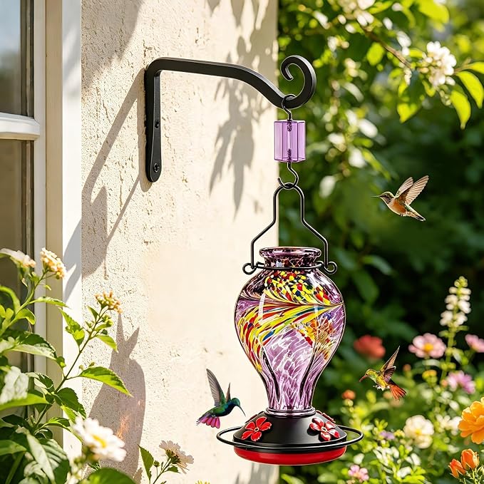 Hand Blown Glass Hummingbird Feeders for Outdoors Hanging, 24oz Wild Bird Nectar Feeder with Ant Moat and Perch, Bee-Resistant Ports, Garden Decor, Gifts for Women Mom, 1 Pack, Purple Phoenix