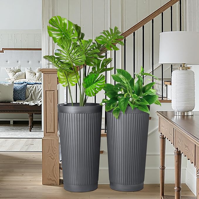 FENCY Self Watering Tall Planters Set of 2, Gray Round | 24 Inch, with Water Level Indicator& Spacious Reservoir, Plastic Tapered Pots, Weather-Resistant, Front Door Decor