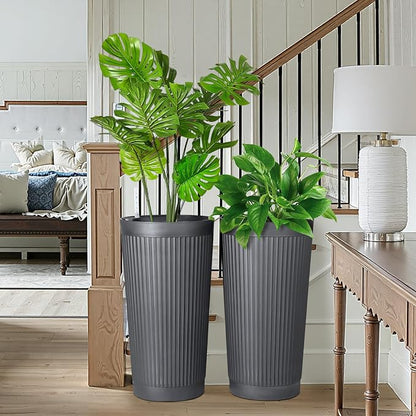 FENCY Self Watering Tall Planters Set of 2, Gray Round | 24 Inch, with Water Level Indicator& Spacious Reservoir, Plastic Tapered Pots, Weather-Resistant, Front Door Decor