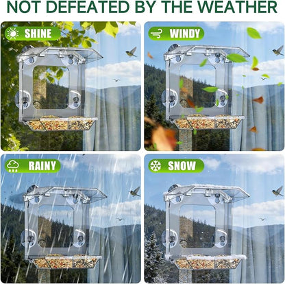 Window Bird Feeder with 4 Extra Strong Suction Cups (2.5 Inch) | Clear Bird Feeder with Dual Seed Tray, Easy to Install and Clean, Birdfeeder for Close-Up Viewing Birds, Bird Watching Gift