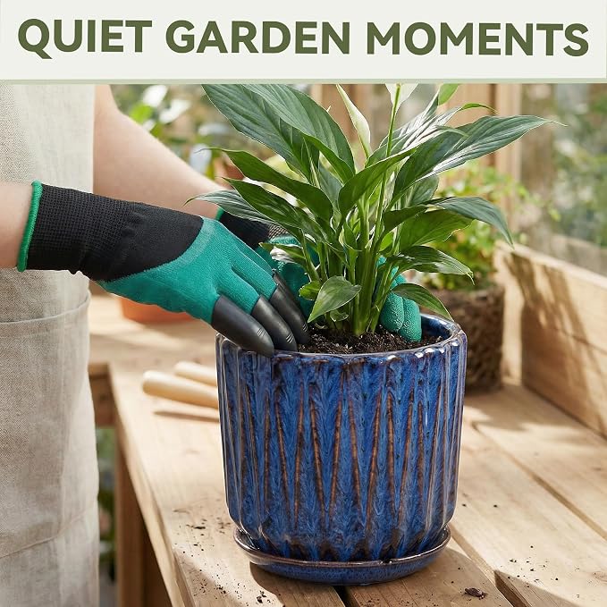 10 Inch Ceramic Planter Pot with Saucer Drainage Leak-Proof Mesh,Flower Pots for Indoor Plants with Gardening Gloves,Ceramic Planter(Peacock-Blue)