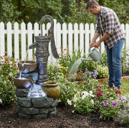 32 Inch Large Outdoor Fountain with Vintage Pump Design, Freestanding Resin Waterfall Feature, Weather Resistant Construction for Patio Yard Garden Backyard Entryway Decor