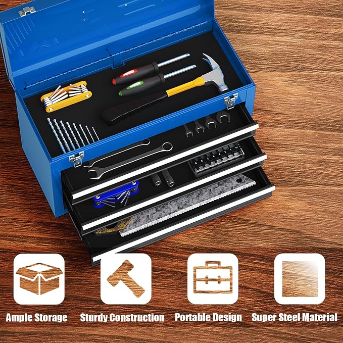 Goplus Tool Box with 3 Drawers, 4-Tier 20.5" Portable Tool Chest Organizer with Top Tool Tray, Auto Lock, Protective Liner, Handle, Steel Metal Small Toolbox for Gargae, Workshop, Home