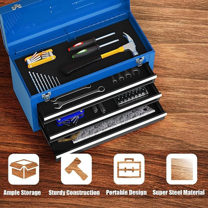 Goplus Tool Box with 3 Drawers, 4-Tier 20.5" Portable Tool Chest Organizer with Top Tool Tray, Auto Lock, Protective Liner, Handle, Steel Metal Small Toolbox for Gargae, Workshop, Home