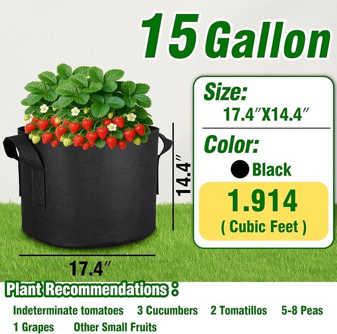 12-Pack 15 Gallon Grow Bags, Heavy Duty Fabric Pots with Handles, Reusable Plant Bags for Vegetable, Herbs & Flowers, BPA-Free, Breathable, Durable