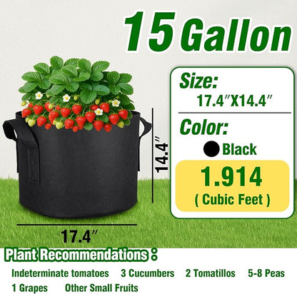 12-Pack 15 Gallon Grow Bags, Heavy Duty Fabric Pots with Handles, Reusable Plant Bags for Vegetable, Herbs & Flowers, BPA-Free, Breathable, Durable