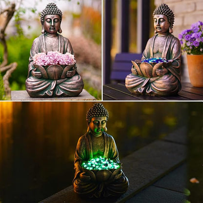 12" Meditating Buddha Statue w/Lotus - Zen Garden Sculpture Decor (Bronze) | for Indoor/Outdoor Decor, Home & Garden Decoration with Magical Glow in Dark Pebbles and Glass Stones - Antique Bronze