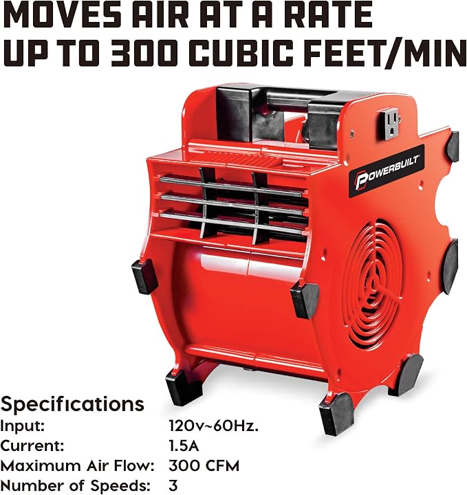 Powerbuilt 3 Speed Portable Blower Dry Fan, Adjustable 3-Speed, Shop Dryer, Wet Carpet, Paint, Built-in Outlets - Red 642259