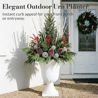 Worth Garden 2-Pack Urn Plastic Planters - 15.5" x 22" Tall Round Classic Flower Pots Pure White Traditional Large Roman Plant Pots for Front Porch Patio Deck Wedding Decoration Pot - Indoor & Outdoor