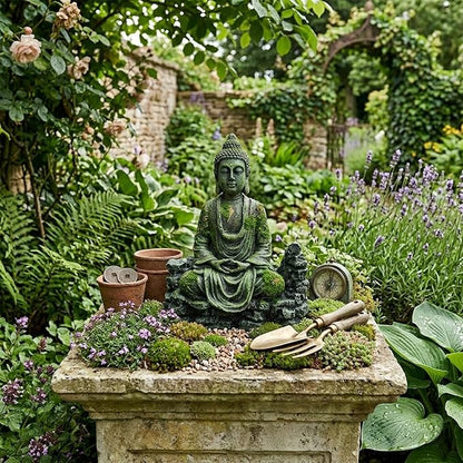 Meditating Buddha Statue, Large Aquarium Decor Accessories, Resin Zen Garden Decor for Aquarium Fish Tank, Outdoor Patio and Indoor Home Office Shelf (Gray Buddha)