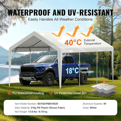 VEVOR Carport Replacement Canopy Cover, 10 x 20 ft, Ripstop Triple-Layer PE Fabric Garage Top Tarp Shelter Cover, UV Resistant Waterproof Car Cover Tent for Carports (Frame is not Included), White