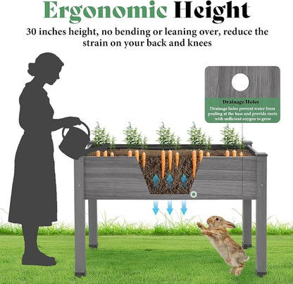 AMERLIFE Raised Garden Bed, 48x30x24 Inches Elevated Wood Planter Box with Bed Liner, Legs, Divider, Drainage Holes, Stand for Backyard, Patio, 330 Lb Capacity - Grey