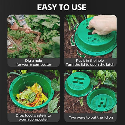 4-Pack Inground Worm Composter, Outdoor Worm Compost Bin for Garden Beds & Home Use, Vermicomposting Bin for Beginners (9.5x9.5x10.8Inch), Green