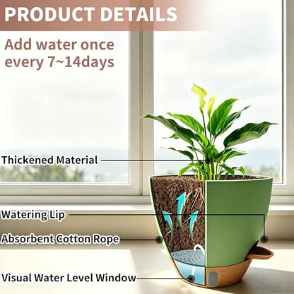 12"/10"/9"/8" Self Watering Pots with Visual Water Window,Extra Large Self Watering Plant Pots with Drainage Holes & Saucers,Green Planters for Indoor Plants,4-Pack