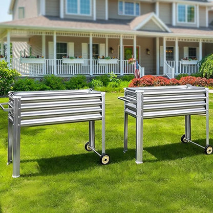 Land Guard 2 Pack Galvanized Raised Garden Bed with Legs & Wheels, 36×12×32in Metal Elevated Raised Planter Box for Backyard, Patio, Balcony, 300lb Capacity, Silver
