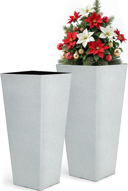 2-Pack 28" White Terrazzo Tall Tapered Planters with Drainage Holes | Set of 2 PP tall planters with white terrazzo finish, drainage plugs, and UV-treated surface for porch, patio, or indoors