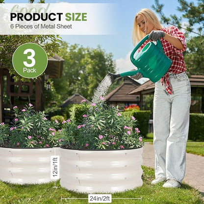 G GOOD GAIN Round Raised Garden Bed - 3Pcs 2x2x1ft Galvanized Steel Planter Boxes Outdoor with Rubber Edge Trim | Metal Raised Beds for Gardening Vegetables Flowers Fruits Herbs (White)
