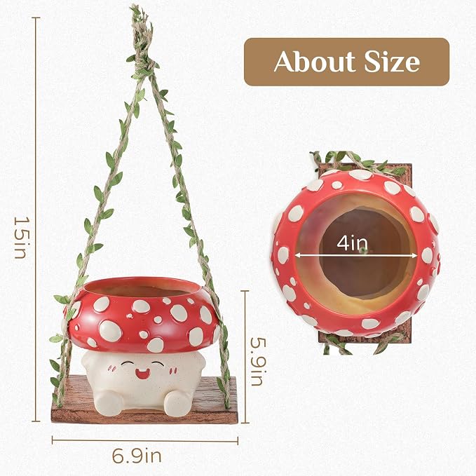 Cute Mushroom Decor for Outdoor Garden: Gardening Plant Gifts for Women Mother Plant Lovers - 3.9inch Opening Cute Smiley Hanging Planter Pot with Drainage for Pearls Succulents