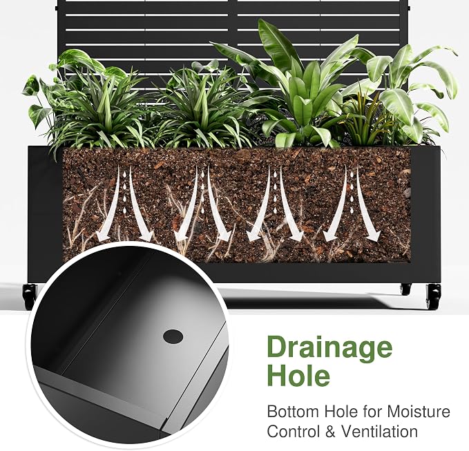 Casaphoria Metal Raised Garden Bed with Trellis and Wheels, 72"x47"x16" Planter Box for Climbing Plants, Vegetables & Vines, Features Drainage Holes and Privacy Screen (Black-Louver)