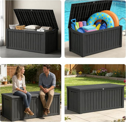 150 Gallon Outdoor Storage Box Resin Deck Box All Weather Waterproof Large Lockable Storage Container Deck Box for Patio Furniture, Garden Tools, Lockable, Black New