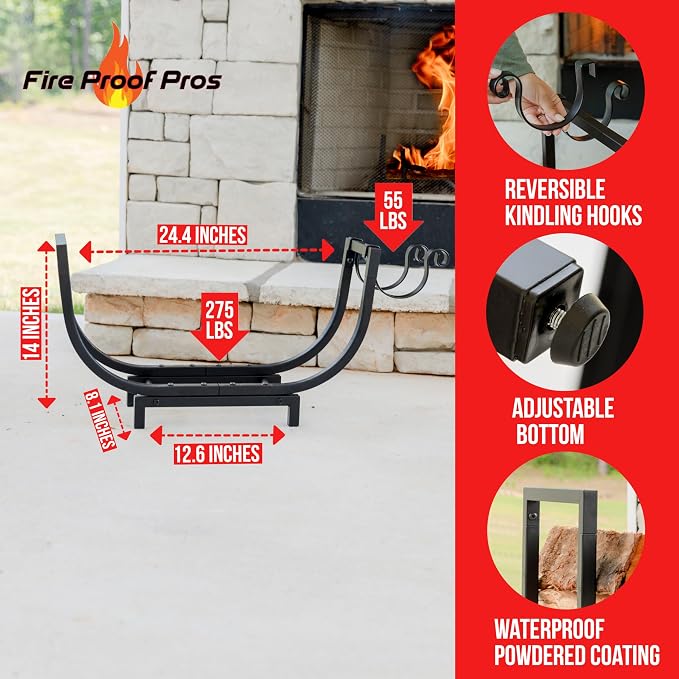 FireProof Pros Firewood Rack Outdoor and Indoor Firewood Storage with Kindling Wood Hooks. 24.5 in curved Double Coated Fire Wood Rack. Waterproof Rustproof Stable Log Holder and Fireplace Organizer