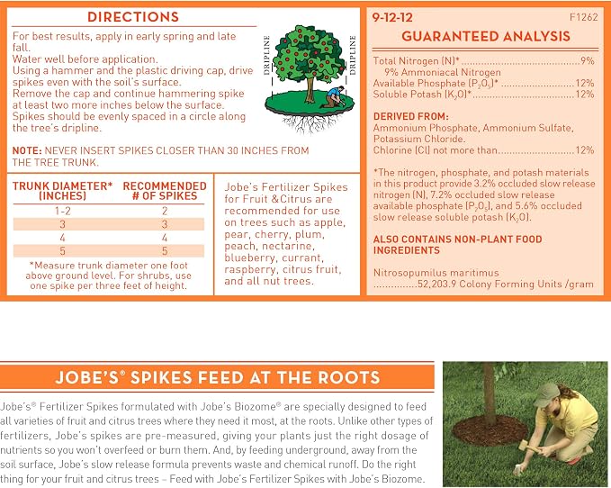 Jobe’s Garden Fertilizer Spikes, Easy Plant Care Slow Release Fertilizer for Fruit and Citrus Plants and Trees, 9 Count