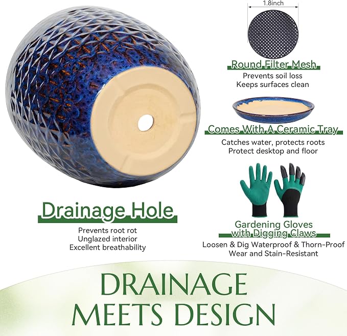 9.5 Inch Flower Pots for Indoor Plants,Ceramic Planter with Saucer Drainage Leak-Proof Mesh Gardening Gloves (Peacock-Blue)