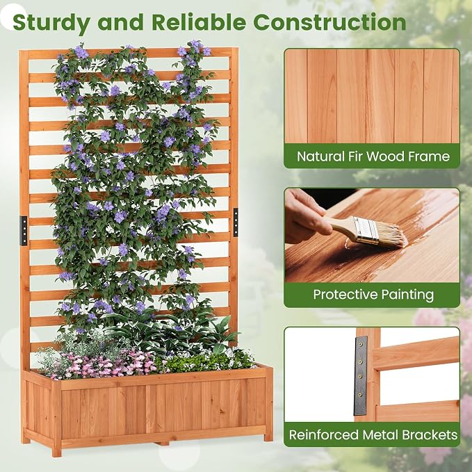 HAPPYGRILL Raised Garden Bed with Trellis, 59" Tall Wooden Elevated Planter Box w/Liner, Drainage, Detachable Base Panel for Climbing Plant Vine Flower, Outdoor Planter w/Trellis for Patio (1)