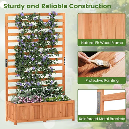 HAPPYGRILL Raised Garden Bed with Trellis, 59" Tall Wooden Elevated Planter Box w/Liner, Drainage, Detachable Base Panel for Climbing Plant Vine Flower, Outdoor Planter w/Trellis for Patio (2)