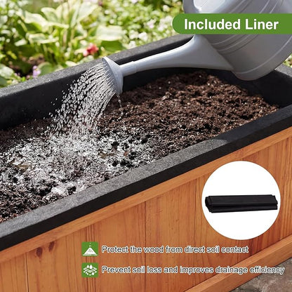Giantex Outdoor Raised Garden Bed, 28” x 10” x 10” Pine Wood Planter Box with 3 Drainage Holes, Removable Bottom & Bed Liner, Rectangular Flower Container for Vegetables, Herbs, Indoor & Outdoor