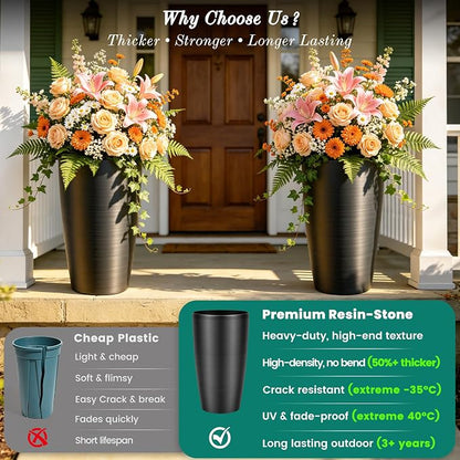 Autodaya 22.8" Tall Black Brushed Resin Planters Set of 2 | High-Density Resin Pots with Drainage Hole For Patio, Garden, Porch, Living Room, Indoor or Outdoor Use, and Gifting