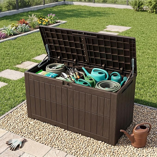 Tangkula 100 Gallon Outdoor Storage Box, Waterproof PP Resin Patio Storage Box with Lockable Lid for Indoor & Outdoor Use, 2-in-1 Rattan Design Deck Box for Cushions, Garden Tools