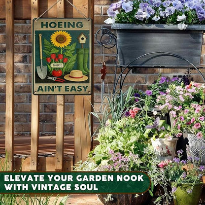 PEACHGARDEN Hoeing Ain't Easy Sign Funny Garden Metal Sign Yard Art Garden Wall Decor Patio Decor for Outdoor Porch Greenhouse Backyard Cabin 12x16 inch