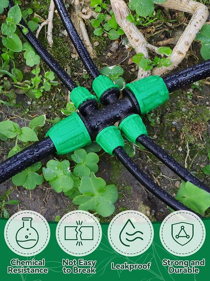 Kalolary 20PCS Locked Barbed Tee Connectors, 5/16" to 1/4" Drip Irrigation Fittings Kit 8/12mm to 4/7mm Tube Lock Female Connector 6-Way Barbed Lock Irrigation Parts for Watering System (Green)