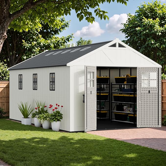 Greesum 10X16FT Plastic Outdoor Storage Shed with Floor and Lockable Door, Resin Sheds with 8-Windows and Multiple Skylights, HDPE Kick-it Shed for Garden, Patio, Backyard, Beige
