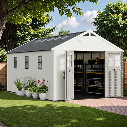 Greesum 10X16FT Plastic Outdoor Storage Shed with Floor and Lockable Door, Resin Sheds with 8-Windows and Multiple Skylights, HDPE Kick-it Shed for Garden, Patio, Backyard, Beige