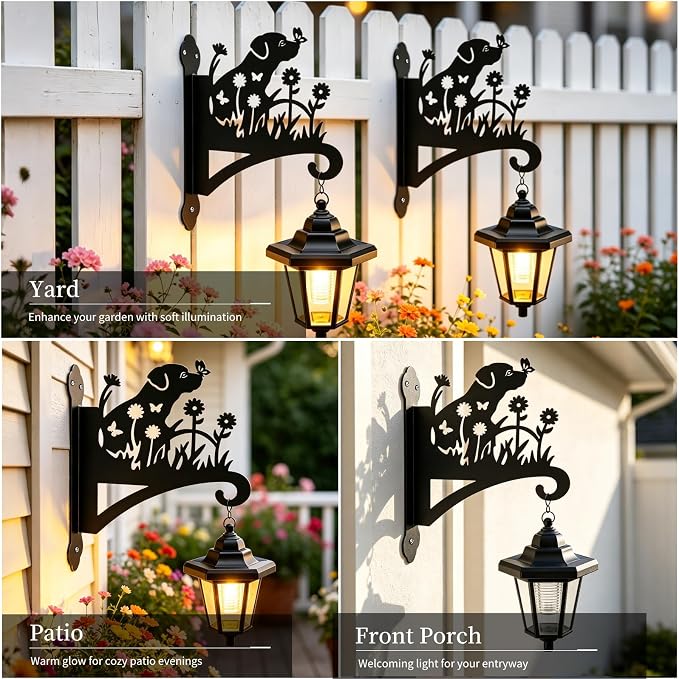 VOOKRY Solar Wall Lanterns Outdoor, Waterproof 2 Pack Hanging Lights with Dog Hooks, Wall Mount Sconce with 3 Solar Panels for Patio Porch Yard Garden Decor, Dusk to Dawn 2700K Warm White
