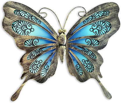 LIFFY Metal Butterfly Outdoor Decor 12"" Hanging Glass Butterflies Wall Decor Garden Art Decorative Ornaments Outside Indoor Home Decor for Living Room Bedroom Patio Fence, Blue