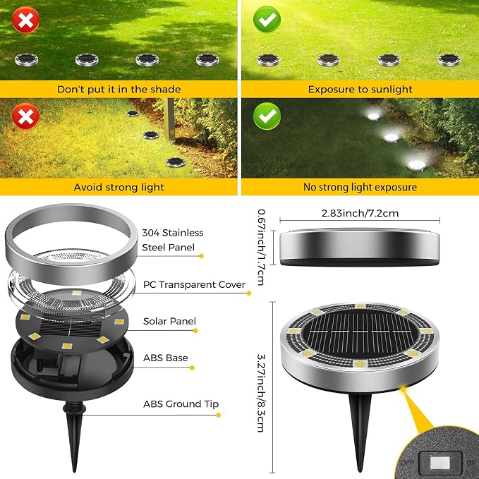 4 Pack Solar Ground Lights Outdoor, 8 LED Mini Flat Solar Disc Lights, IP65 Waterproof Pathway Lights Solar Powered, Landscape Lighting for Garden Walkway Driveway Yard Lawn,Cool White