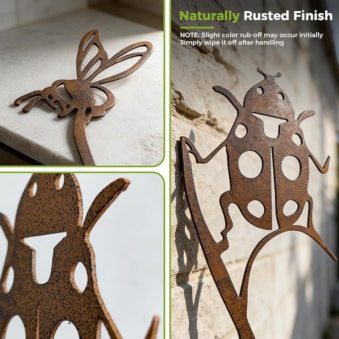 4-Pack Metal Garden Stakes for Outdoor, Rustic Bird Bee Butterfly Ladybug | Outdoor-Resistant Metal, Vintage Rust Finish, Cute Insect Shapes, For Flower Bed Planters Patio Lawn, Gifts for Garden Lovers