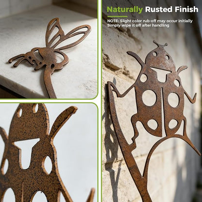 4-Pack Metal Garden Stakes for Outdoor, Rustic Bird Bee Butterfly Ladybug | Outdoor-Resistant Metal, Vintage Rust Finish, Cute Insect Shapes, For Flower Bed Planters Patio Lawn, Gifts for Garden Lovers