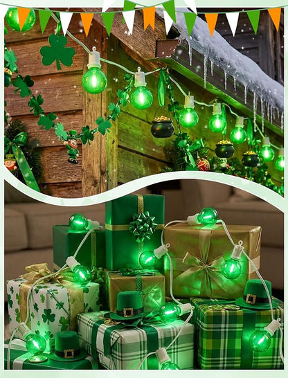 LED St. Patrick's Day String Lights, 25Ft St Patricks Decorations Outdoor | 25+2 G40 Round Bulbs, Connectable, Hanging Patio Lights Shatterproof for Indoor Home Decor Party, White Wire, Clear Green