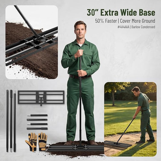 Lawn Leveling Rake - 30x10 Leveling Rake for Soil, Heavy Duty Yard Leveling Rake with 6.5FT Extra Long Handle, 2mm Thickened Stainless Steel Lawn Leveler, Landscape Tool for Dirt and Sand, with Gloves