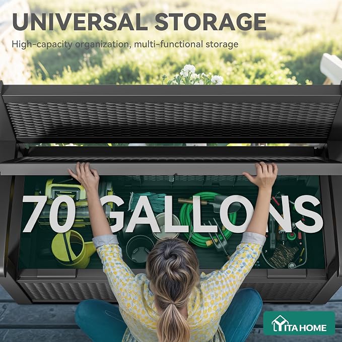 YITAHOME 70 Gallon Deck Bench with Storage | Outdoor Storage Box Bench with Armrests for Patio Garden Pool Porch , Waterproof&Lockable, Black