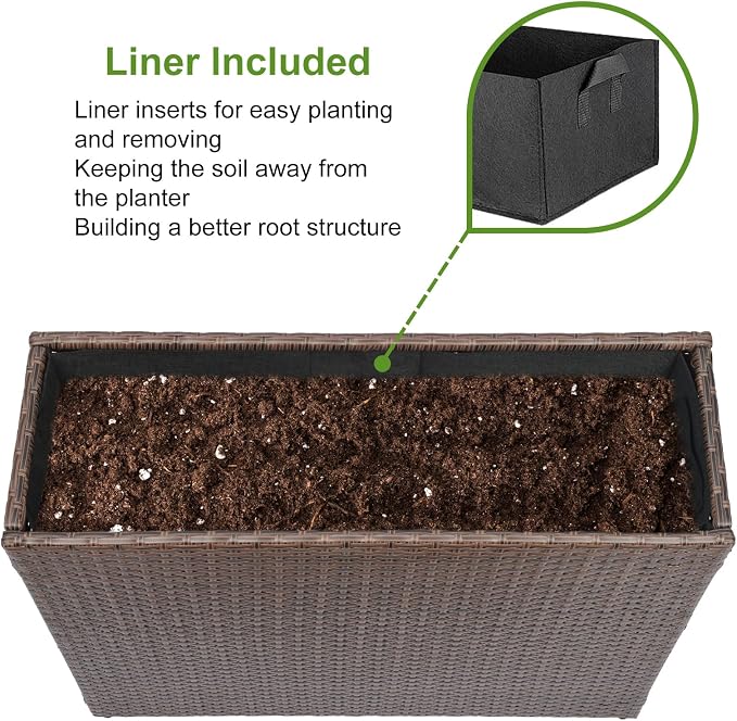 LEWIS&WAYNE Tall Planters for Outdoor Wicker Large Rectangular Block Box | All-Weather, Handmade PE Rattan, Removable Liner, Indoor Outdoor, Patio Porch Garden, Modern Design